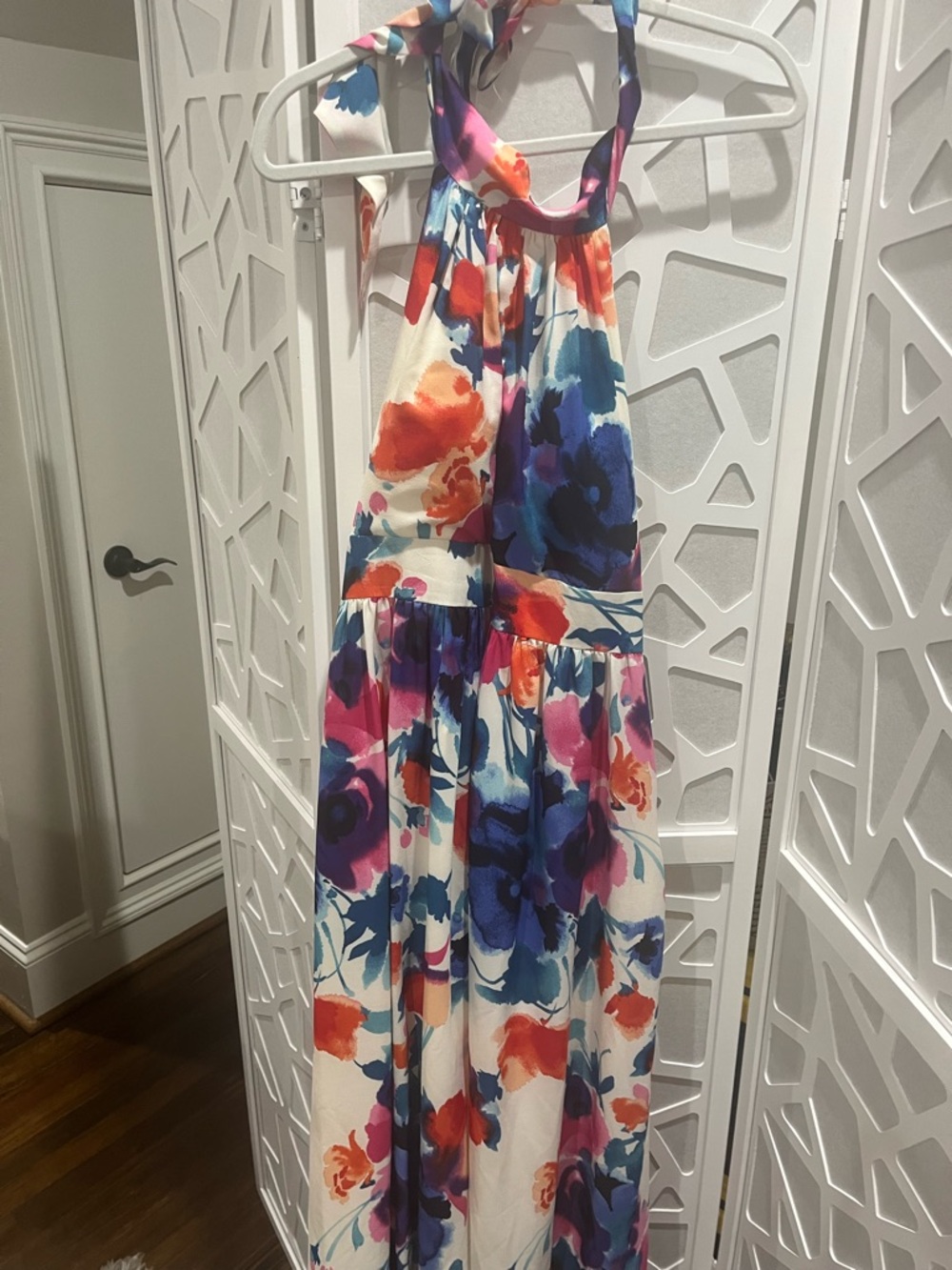 Eliza J White Floral Halter Maxi Dress with Blue, Purple & Orange Blooms